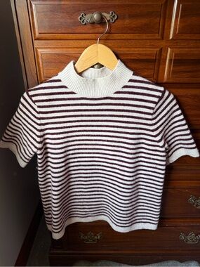 LOFT Cream and Burgundy Striped Mock-Neck Sweater